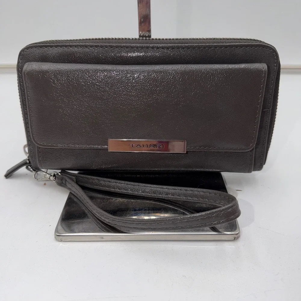 Tahari Gray Wristlet Wallet RFID Identity Protect Zip Around Clutch